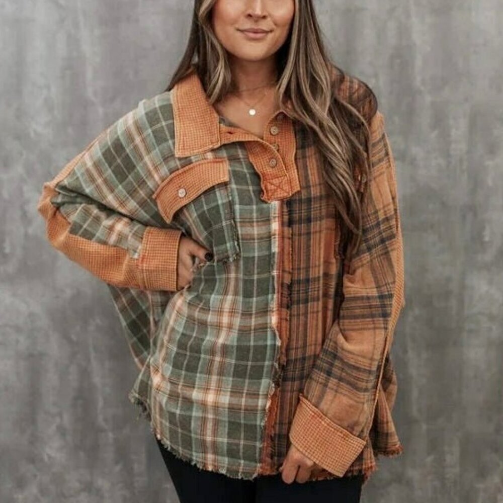 Pumpkin Spice Mixed Plaid Oversized Top in Rust